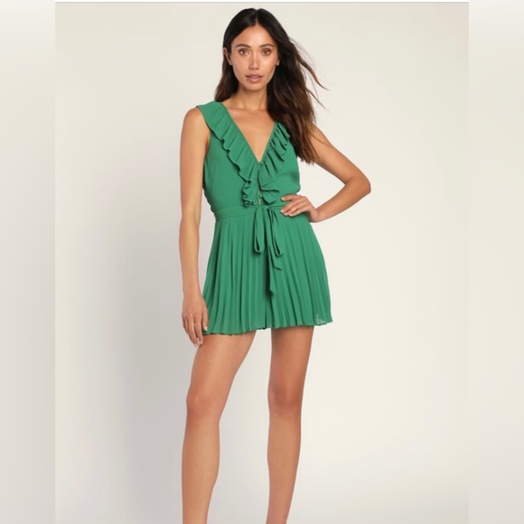 Loved By You Dark Green Pleated Chiffon Romper - Picture 3 of 8